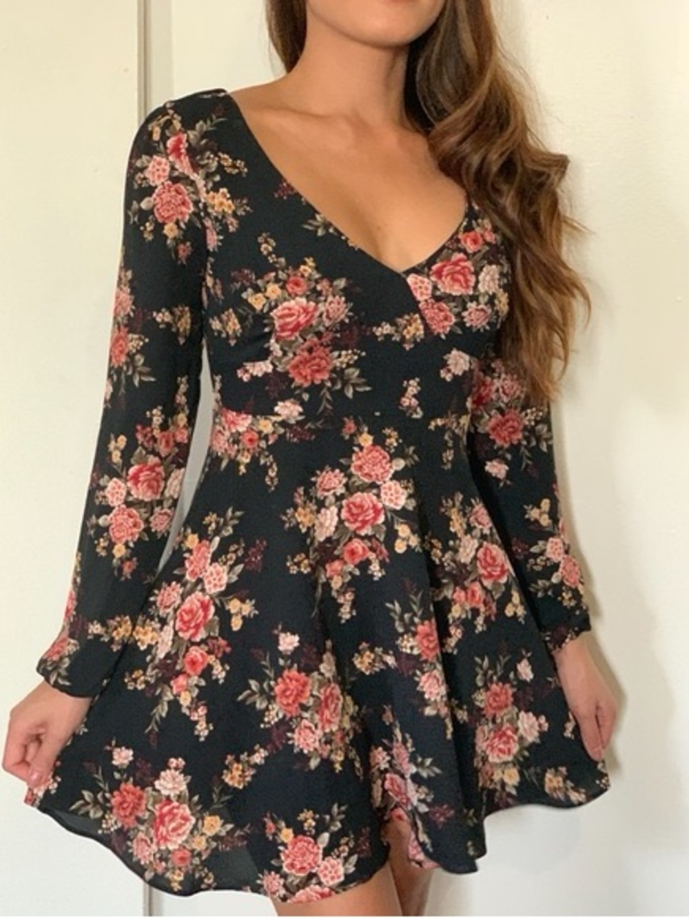 Forever 21 Floral V-Neck Fit & Flare Dress in Black with Pink Rose Print